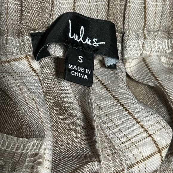 Lulu's Pants Plaid Wide Leg Women's Small Tan Ivory Paperbag Waist - Picture 7 of 12